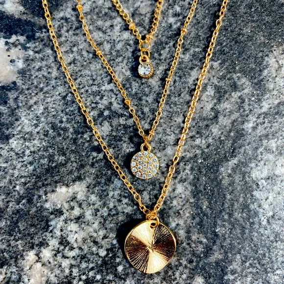 3 Layer Gold Pendant Necklace with Rhinestones - Picture 3 of 5